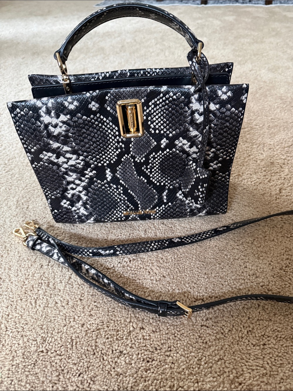 Michael Kors Satchel Top Handle Bag Snakeskin Black/White, Gold Hardware